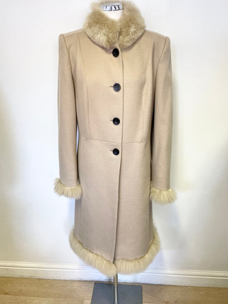 THE ALPACA COLLECTION BEIGE FUR TRIM MID LENGTH ALPACA BLEND COAT SIZE L