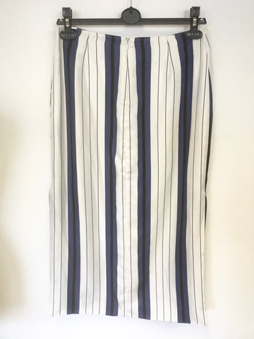 PROTAGONIST IVORY,BLUE & BLACK STRIPE 100% SILK MIDI SKIRT SIZE 6 UK 10