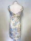 GINA BACCONI BLUE & LEMON FLORAL PRINT SLEEVELESS PENCIL DRESS SIZE 10