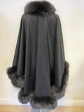 HUNDRED PERCENT CASHMERE DARK GREY FUR TRIM LARGE WRAP AROUND ONE SIZE