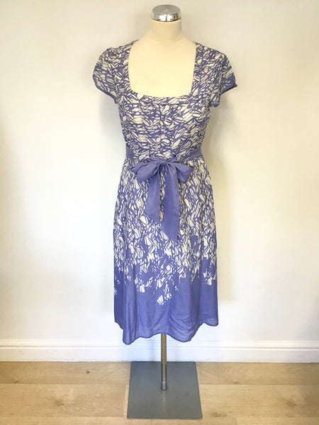 MONSOON LAVENDER & WHITE PRINT TIE BELT COTTON CAP SLEEVE DRESS SIZE 10