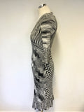 KAREN MILLEN BLACK & WHITE DESIGN FINE KNIT 3/4 SLEEVE DRESS SIZE 2 UK 8/10