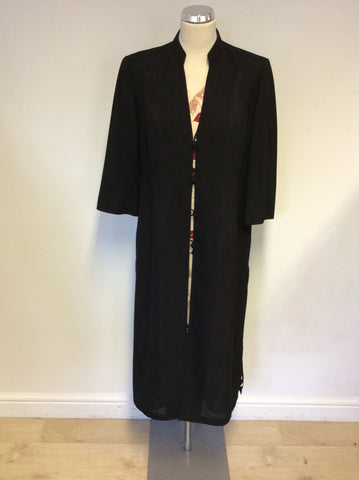 JACQUES VERT CREAM,RED & BLACK FLORAL PRINT DRESS & BLACK DUSTER COAT SIZE 14