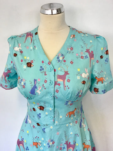 LINDY BOP IONIA AQUA GREEN FOREST ANIMAL PRINT DRESS SIZE 10
