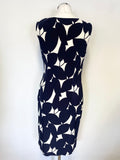 PHASE EIGHT NAVY BLUE & IVORY PRINT SLEEVELESS STRETCH PENCIL DRESS SIZE 14