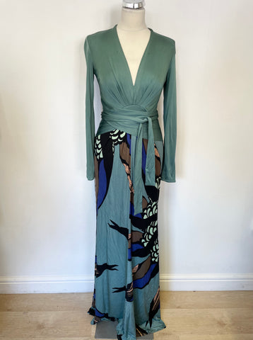 ISSA LONDON GREEN & MULTI COLOURED SILK LONG SLEEVE MAXI DRESS SIZE 8