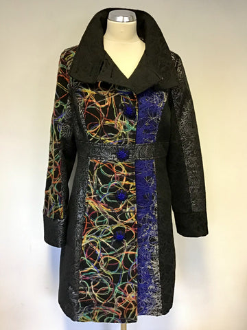101 IDEES BLACK & MULTI COLOURED DESIGN KNEE LENGTH COAT SIZE L