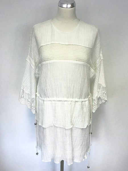 STEVIE MAY WHITE COTTON & LINEN LACE TRIM 3/4 SLEEVE TIERED MINI DRESS SIZE M
