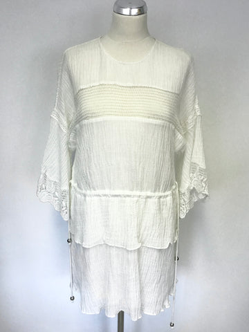 STEVIE MAY WHITE COTTON & LINEN LACE TRIM 3/4 SLEEVE TIERED MINI DRESS SIZE M
