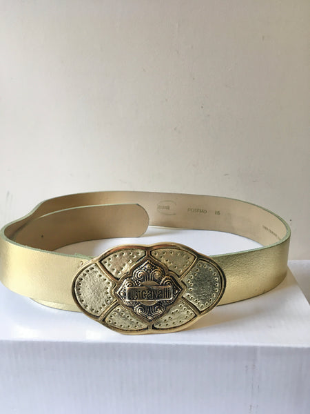 JUST CAVALLI PALE GOLD LEATHER 1.5 INCH WIDE BELT SIZE 34-36 INCHES