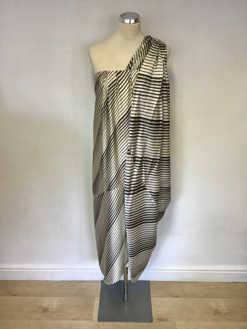 REISS IVORY & GREEN STRIPE SILK ONE SHOULDER DRAPE DRESS SIZE 8