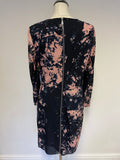 WHISTLES NAVY BLUE & PINK PRINT SILK LONG SLEEVE PLEATED DRAPE PENCIL DRESS SIZE 14
