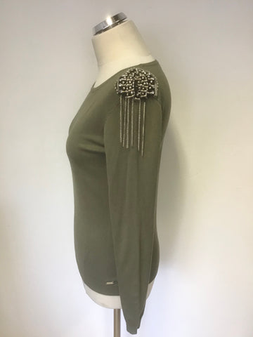 GUESS KHAKI GREEN EMBELLISHED SHOULDER LONG SLEEVE JUMPER SIZE S