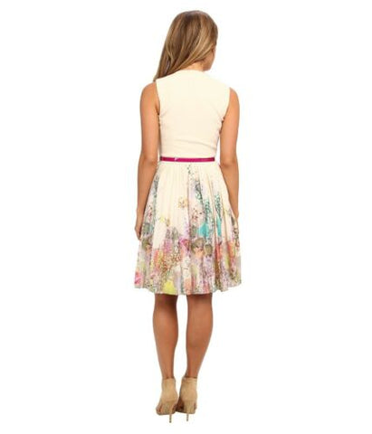 TED BAKER TARREN CREAM & MULTI COLOURED FLORAL PRINT FIT & FLARE DRESS SIZE 2 UK 10/12