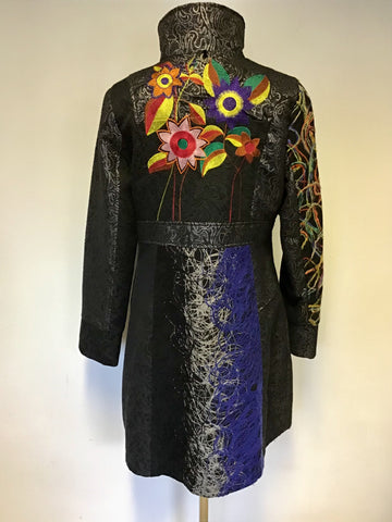 101 IDEES BLACK & MULTI COLOURED DESIGN KNEE LENGTH COAT SIZE L