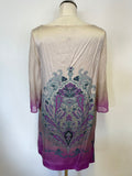 MONSOON CREAM & PURPLE PAISLEY PRINT HALF SLEEVE SILK SHIFT DRESS SIZE 16