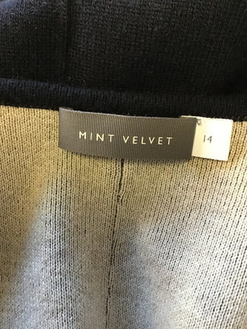 MINT VELVET DARK BLUE & CREAM PINSTRIPE WOOL BLEND SLEEVELESS TIE SIDE JACKET SIZE M