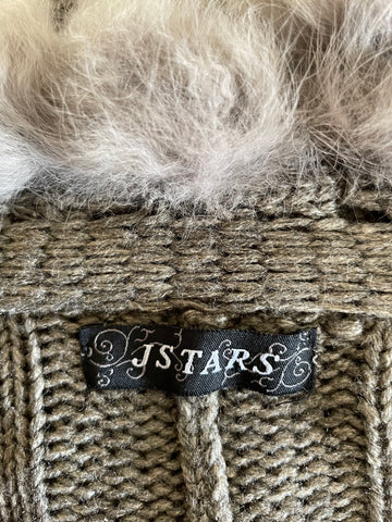 J STARS GREY RABBIT FUR TRIM TIE FRONT SHORT SLEEVE CARDIGAN ONE SIZE