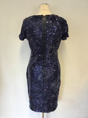 BRAND NEW DAMSEL IN A DRESS NAVY BLUE SEQUINNED & CHENILE PRINT PENCIL DRESS SIZE 12