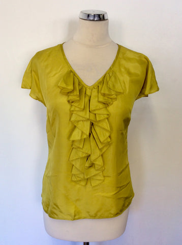 HOBBS MUSTARD SILK FRILL FRONT V NECK TOP SIZE 8