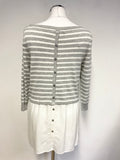 MINT VELVET GREY & WHITE STRIPED 3/4 SLEEVE JUMPER WITH SHIRT TRIM SIZE 10
