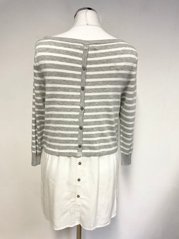 MINT VELVET GREY & WHITE STRIPED 3/4 SLEEVE JUMPER WITH SHIRT TRIM SIZE 10