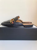 GUCCI BETIS GLAMOUR BLACK LEATHER SLIP ON FLAT MULES SIZE 5/38