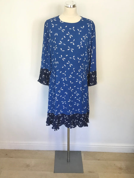 WHISTLES BLUE SPOT & WHITE FLOWER PRINT 3/4 SLEEVE DRESS SIZE 14