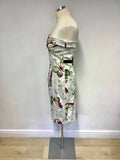 KAREN MILLEN WHITE & MULTI COLOURED BUTTERFLY PRINT STRAPLESS DRESS SIZE 10