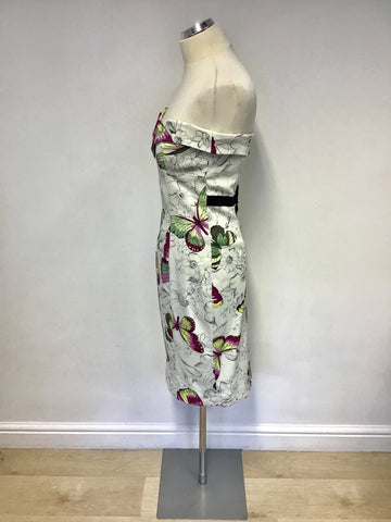 KAREN MILLEN WHITE & MULTI COLOURED BUTTERFLY PRINT STRAPLESS DRESS SIZE 14