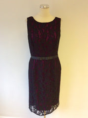 MINUET PETITE BLACK LACE & CRANBERRY LINED PENCIL DRESS SIZE 12