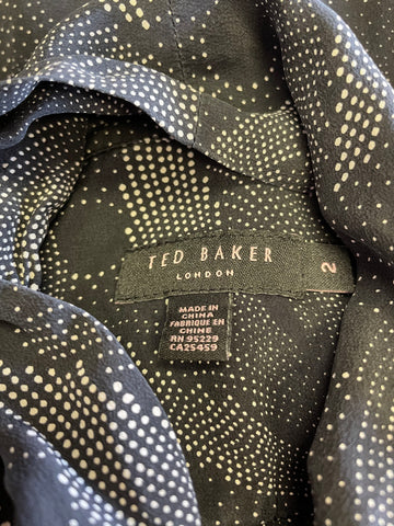 TED BAKER BLACK & WHITE PRINT SILK TIE NECK LONG SLEEVE BLOUSE SIZE 2 UK 10/12