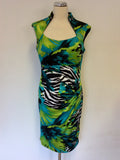 FRANK LYMAN TURQOUISE & GREEN TROPICAL PRINT PENCIL DRESS SIZE 12