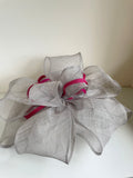 SILVER GREY & FUCHIA PINK TRIM HATINATOR WITH LARGE FLOWER DESIGN ON HEADBAND