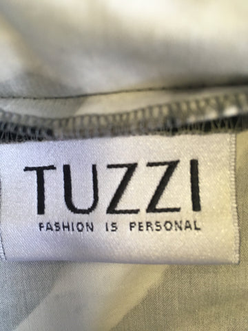 BRAND NEW TUZZI DARK GREY,BLACK,ORANGE & WHITE PRINT SHIFT DRESS SIZE 14