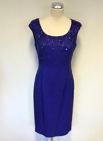 LK BENNETT ROYAL BLUE SILK BEADED & SEQUINNED TRIM PENCIL DRESS SIZE 10