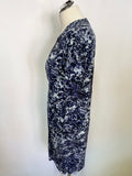 WHISTLES NAVY BLUE PATTERNED V NECK ZIP FRONT SHORT SLEEVE SHIFT DRESS SIZE 8