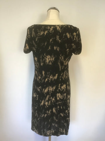 JIGSAW BLACK & BEIGE PRINT CAP SLEEVE STRETCH JERSEY DRESS SIZE M