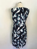 PHASE EIGHT NAVY, TURQUOISE & WHITE PRINT SLEEVELESS PENCIL DRESS SIZE 12