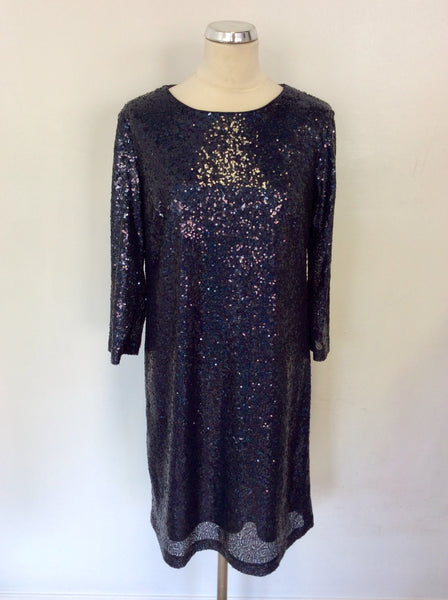BRAND NEW MARKS & SPENCER NAVY BLUE SEQUINNED 3/4 SLEEVE SHIFT DRESS SIZE 12