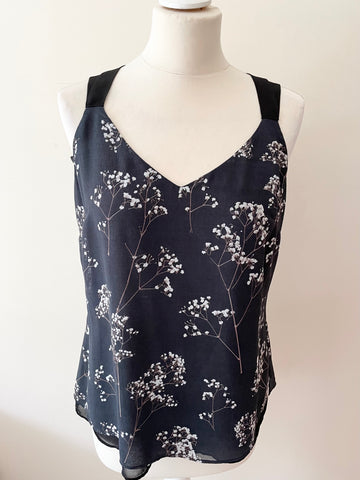 MINT VELVET CHARCOAL & BLACK BLOSSOM PRINT SLEEVELESS TOP SIZE 10