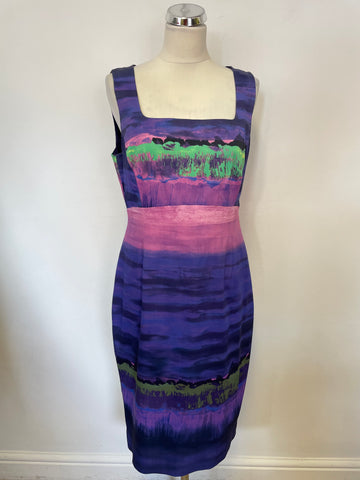 KAREN MILLEN PURPLE,PINK & GREEN PRINT CUT AWAY BACK  SLEEVELESS PENCIL DRESS SIZE 16