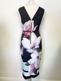 TED BAKER AVIA BLACK & FLORAL PRINT SLEEVELESS BELTED PENCIL DRESS SIZE 3 UK 12