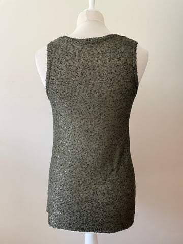 JIGSAW OLIVE GREEN SEQUINNED TRIM SLEEVELESS FINE KNIT TOP SIZE M