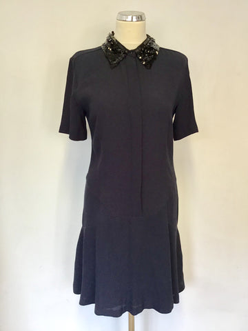 BRAND NEW SANDRO PARIS NAVY BLUE RIKKA SEQUIN EMBELLISHED CREPE DRESS SIZE 2 UK 10/12