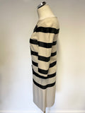 JAEGER BEIGE & BLACK RIBBON STRIPE BOW TRIM 3/4 SLEEVE SHIFT DRESS SIZE 8
