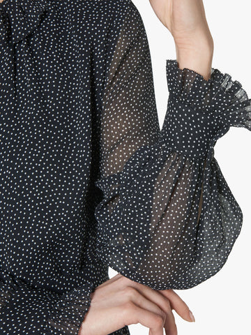 LK BENNETT ELIZA NAVY BLUE & WHITE SPOT TIE NECKLINE LONG SLEEVE BLOUSE SIZE 10