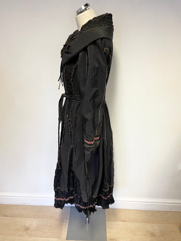 NESLAY BLACK APPLIQUE TRIM BELTED FIT & FLARE COAT SIZE 1 UK 10/12