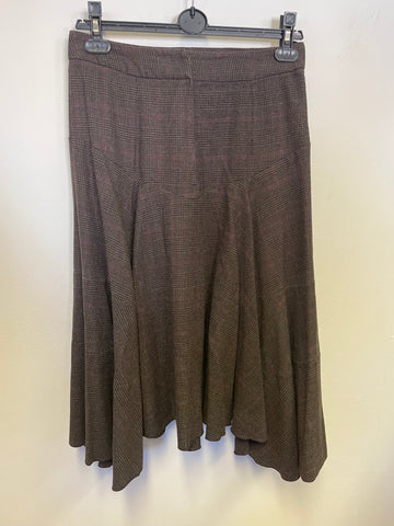 KAL KAUR RAI BROWN CHECK FLARED UNEVEN HEMLINE SKIRT SIZE 10