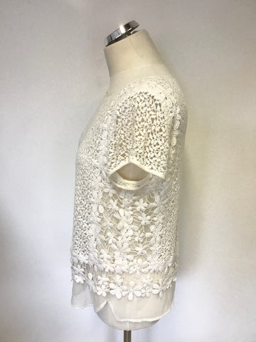 MINT VELVET WHITE CROCHET OVERLAY SHORT SLEEVE TOP SIZE 14